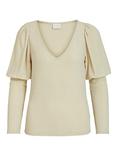 Vila Damska koszulka Vishinni Glitter V-Neck L/S, Frosted Almond/Detail:silver Lurex, S