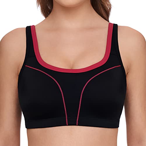 SUSA Sportowy biustonosz damski High Support I damski biustonosz bez fiszbin z uformowanymi miseczkami I sportowy biustonosz crop top z szarym obszyciem I mocne trzymanie I odporny na pot, czarny