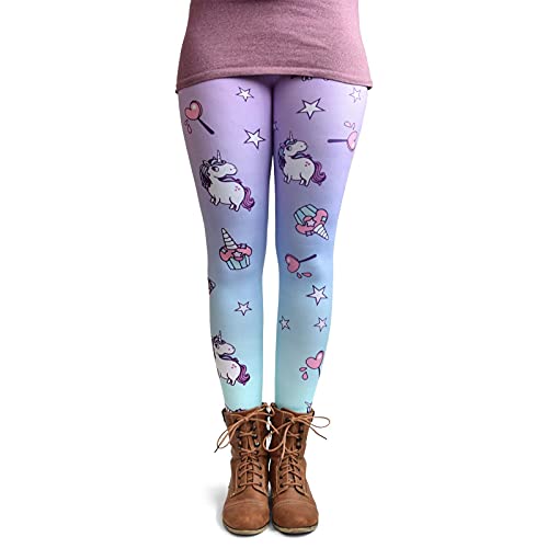 cosey - Unicorn Line – kolorowe legginsy z nadrukiem (rozmiar uniwersalny) – różne wzory jednorożców, Jednorożce i słodycze, jeden rozmiar