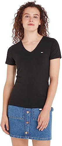 Tommy Jeans damska koszulka z krótkim rękawem TJW Skinny z dekoltem w serek, Czarny, S