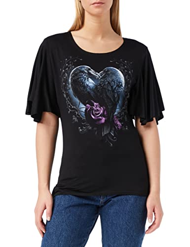 Spiral Direct Damski kruk serce łódź kołnierz nietoperz rękaw top czarny T-shirt