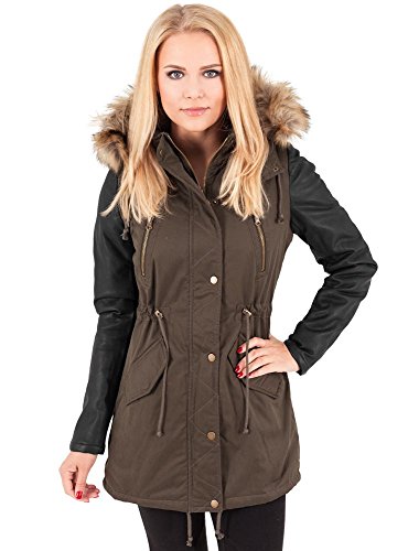 Urban Classics Damska kurtka skórzana z imitacją rękawów, parka, oliwkowy/blk, S