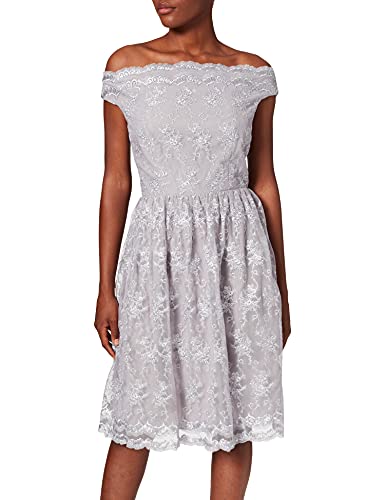 Little Mistress Damska szara sukienka z haftowanej siateczki w kwiaty, Szary (szary 001), 40