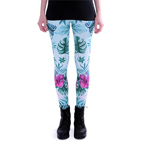 cosey Damskie kolorowe legginsy z nadrukiem, Rośliny tropikalne, jeden rozmiar
