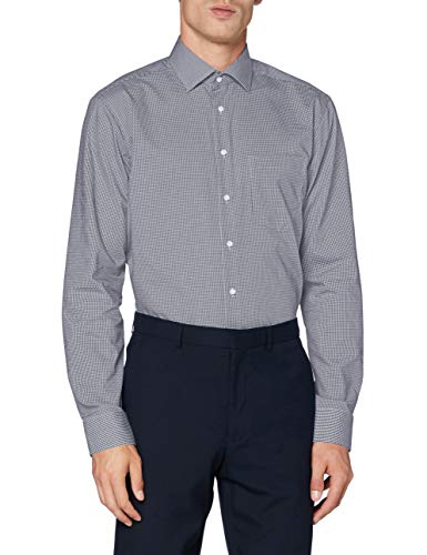 Jedwabna koszula męska biznesowa – koszula bez konieczności prasowania z prostym krojem – Regular Fit – długi rękaw – kołnierzyk Kent – w kratkę – kieszeń na piersi – 100% bawełna