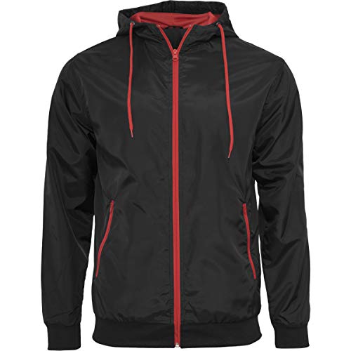 Build Your Brand Męska kurtka z kapturem, męska wiatrówka z zamkiem błyskawicznym, wiatrówka dostępna w wielu kolorach, rozmiary S-5XL, Blk/Red, XL