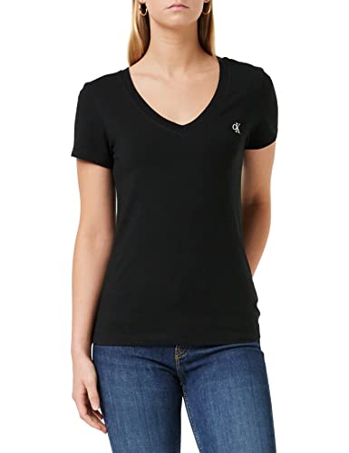 Calvin Klein Jeans Damska koszulka z dekoltem w serek z haftem Ck, Ck czarny, M