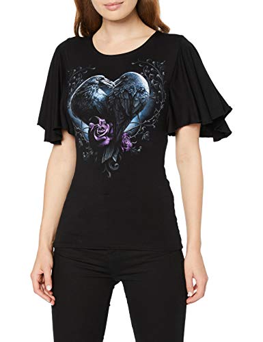 Spiral Direct Damski kruk serce łódź kołnierz nietoperz rękaw top czarny T-shirt, Czarny (czarny 001), S