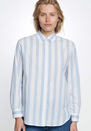 Jedwabna bluzka damska – lekko taliowana, w paski z kołnierzem dla idealnego komfortu noszenia – z długim rękawem – bawełna