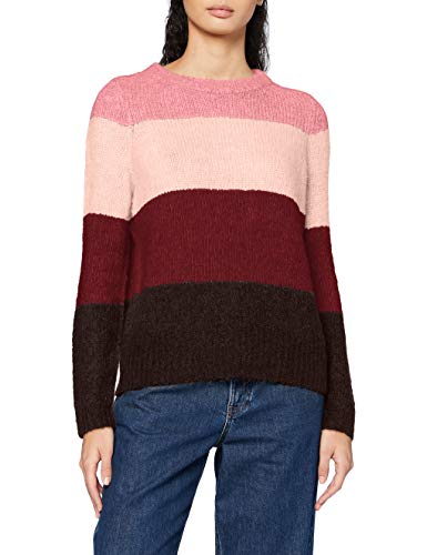 VERO MODA Vmisabella Ls O-Neck Block Blouse Boo sweter damski, Wild Rose/Detail:w. Sepia Rose/Cabernet/Chocolate Plum, S