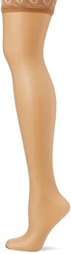 Pretty Polly Damskie nylonowe - błyszczące koronkowe top podtrzymujące 10 DEN rajstopy, beżowe (Sherry), średnie (rozmiar producenta: średni/duży)