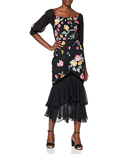 Frock and Frill Damska haftowana sukienka midi na specjalne okazje, Czarny, 36 PL
