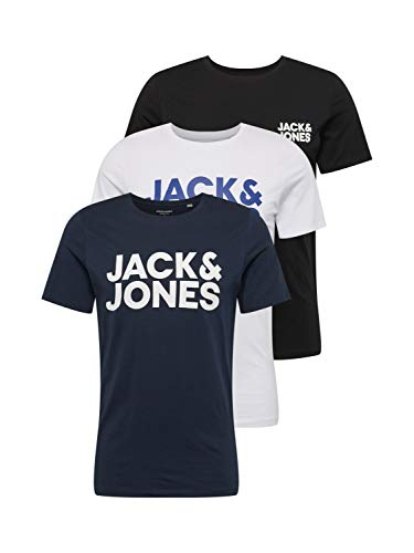 JACK & JONES Męski T-shirt 3-pak klasyczny nadruk logo, czarny, L
