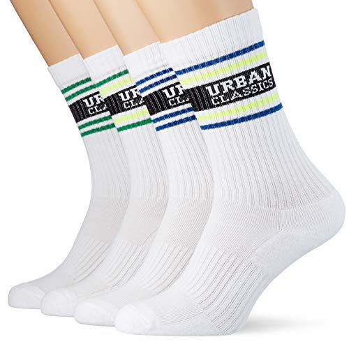 Urban Classics Skarpety unisex Logo Stripe Socks 4-pak, skarpety sportowe w paski z logo, białe + niebieskie + zielone + neonowo-żółte, rozmiary 35-50, White & Blue & Green & Neonyellow, Small
