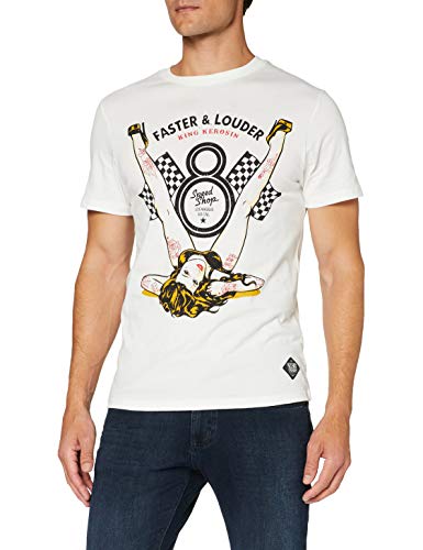 King Kerosin Męski T-shirt z nadrukiem z przodu, z okrągłym dekoltem, z krótkim rękawem, krój regularny, pikowana krawędź, frędzle i louder, biały, S