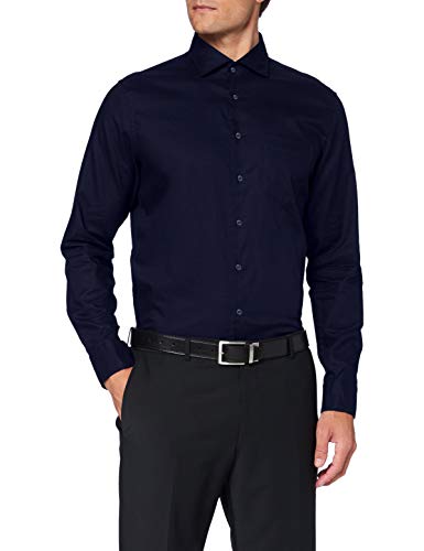 Seidensticker Męska koszula biznesowa - łatwa do prasowania, taliowana koszula - długi rękaw - kołnierz typu kent - kieszeń na piersi - 100% bawełna, granatowy, 39
