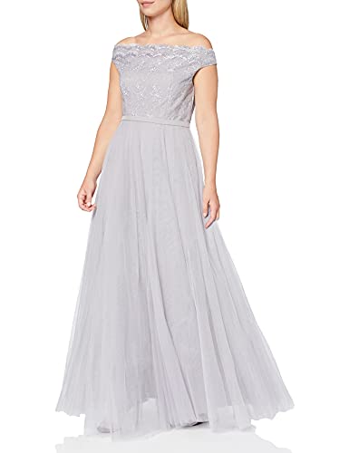 Little Mistress damska szara z odkrytymi ramionami haftowana siatka sukienka maxi impreza