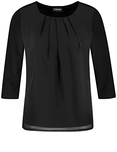 Taifun Damska koszulka z rękawem 3/4 z szyfonem rękaw 3/4 koszulka z rękawami 3/4 z okrągłym dekoltem 3/4 z rękawami jednokolorowa, czarny, 36