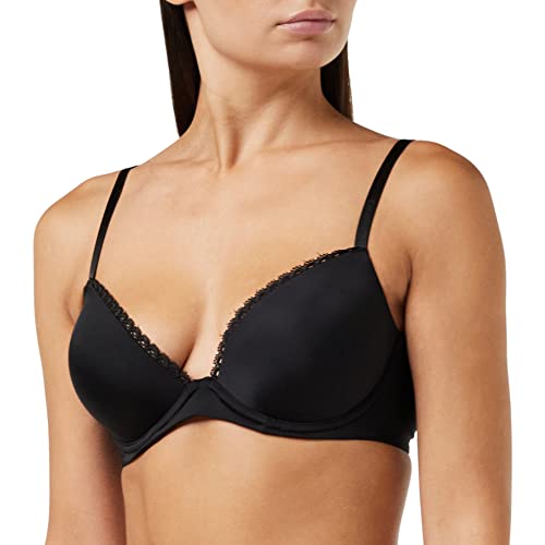 Calvin Klein - Wygodny biustonosz push-up - Picot koronkowe wykończenie - Regulowane paski na ramiona - 77% poliamid 23% elastan, Czarny, 75E