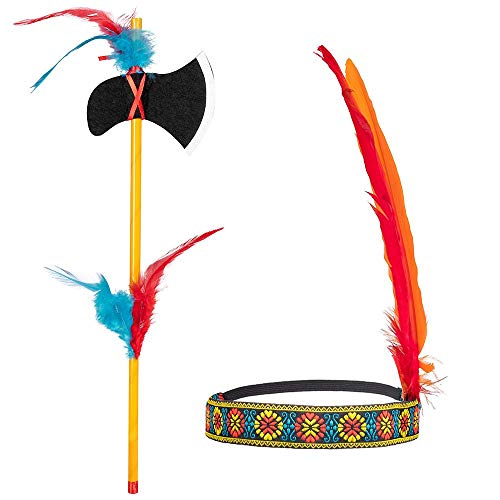 Boland 44093 - Zestaw indiański, opaska i topór, długość 35 cm, tomahawk, wielokolorowy, rozciągliwy, ozdobiony piórami, wódz, dziki zachód, kostium, karnawał, impreza tematyczna