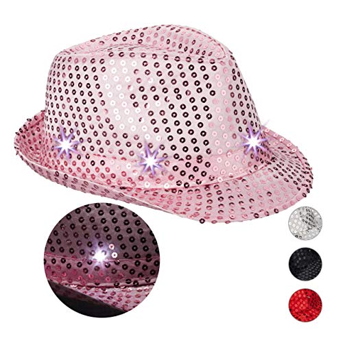 Relaxdays 10023897_52 czapka z cekinami, 6 migających diod LED, z brokatem, dla mężczyzn i kobiet, na karnawał, kapelusz imprezowy, rozmiar uniwersalny, różowy, uniseks – dla dorosłych