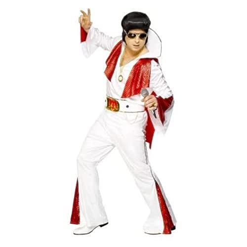 Smiffys Męski kostium Elvisa, koszula, spodnie, peleryna i pasek, rozmiar: M, kolor: biały i czerwony, 29151