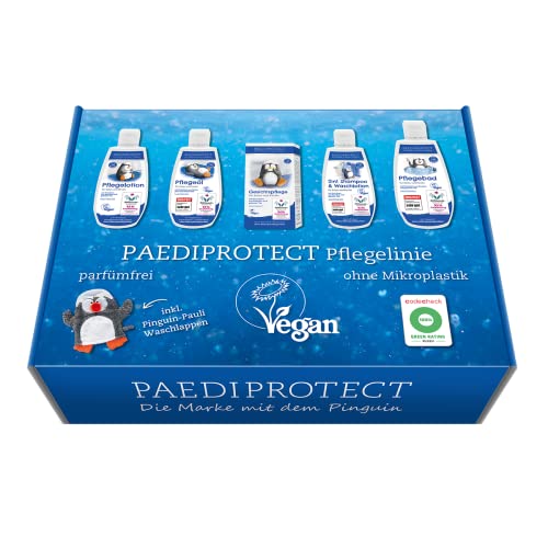 PAEDIPROTECT pudełko pielęgnacyjne, zestaw pielęgnacyjny z 1x pielęgnacja twarzy, 1x szampon & balsam do mycia, 1x balsam pielęgnacyjny dla niemowląt i dzieci, 1x kąpiel pielęgnacyjna, 1x olejek pielęgnacyjny, zestaw upominkowy z produktami pielęgnacyjnymi, pudełko upominkowe
