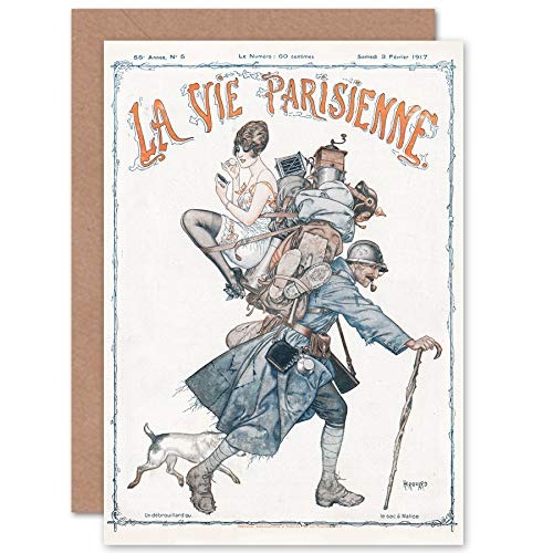 Artery8 Artery8 La Vie Parisienne żołnierz pies II wojna światowa okładka magazynu uszczelniona kartka z życzeniami plus koperta pusta wewnątrz