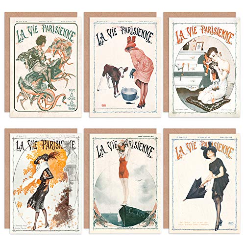 Artery8 Artery8 La Vie Parisienne francuska kobieta sezony parasol pies kartki okolicznościowe z kopertami opakowanie 6 szt.
