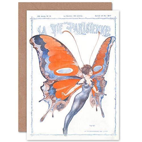 La Vie Parisienne letni motyl czasopismo okładka zapieczętowana kartka z życzeniami plus koperta pusta wewnątrz