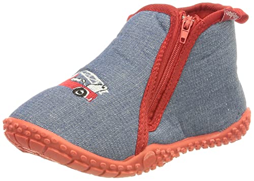 Playshoes Unisex dziecięce kapcie z praktycznym zamkiem błyskawicznym motyw straży pożarnej, niebieski - niebieski dżinsowy 3 - 26/27 EU