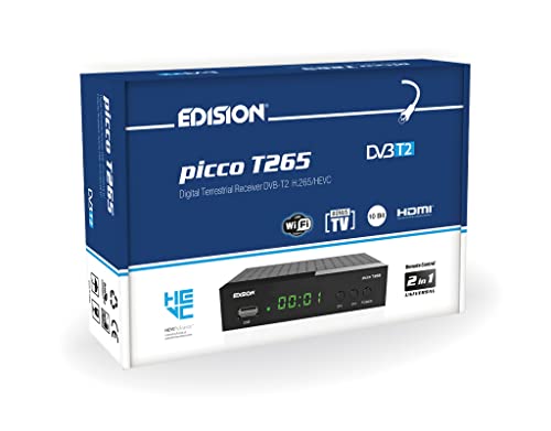 Dekoder dvb-t2 hevc EDISION PICCO T265 naziemnej Odbiornik, DVB-T2 H.265, FTA, Full HD, PVR, USB, HDMI, SCART, S/PDIF, IR, Obsługa USB WiFi, Uniwersalny pilot 2w1