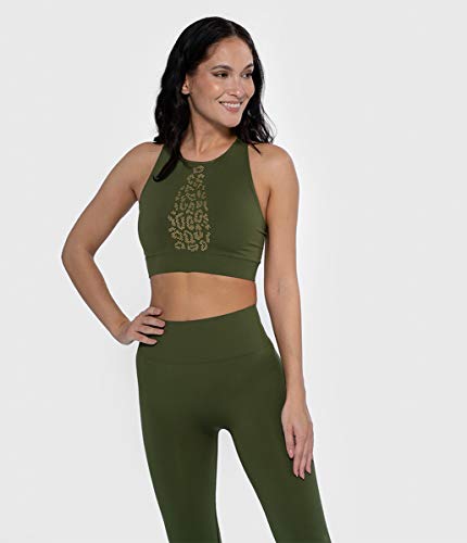 HECVS|#HEART and SOUL Damski top Riviera Leo-Green Bush sportowy biustonosz ze skrzyżowanymi ramiączkami na plecach i wzorzystym wzorem ze złotych nitów, damski, 0919035RL1989-M/L, zielony, M/L