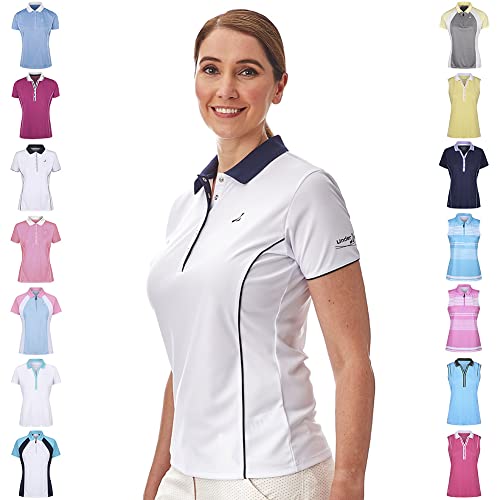 Under Par Under Par Damska koszulka polo Golf Pro wysokiej jakości, oddychająca, odprowadzająca wilgoć w 5 stylach, 10 kolorach z rękawami i bez rękawów golfowa koszulka polo Style 1672 - White/Navy 18 UPLTS1672_WH/NA_18