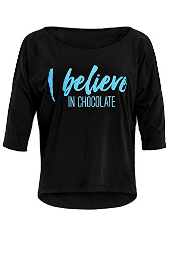 WINSHAPE Damska koszula Winshape Damen Ultra Leichtes Modal-3/4-ramienna Mcs001 Mit Neon Blauem 'i Believe in Chocolate' Glitzer-aufdruck joga koszulka Schwarz-neon-blau-brokat XS