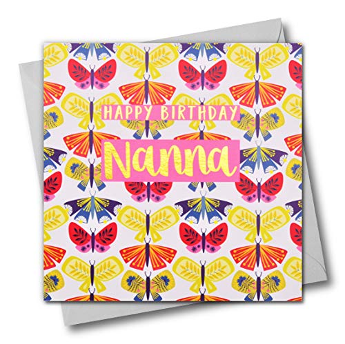 Claire Giles Happy Birthday Nanna, motyle, kartka z życzeniami z tekstem foliowana w błyszczące złoto COL036
