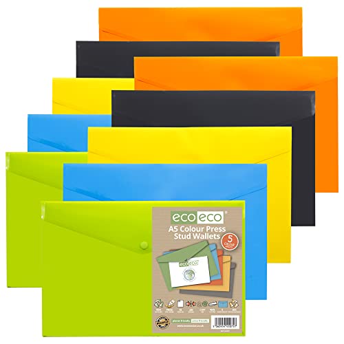 eco-eco A5 50% recyklingowane różne kolory wciskany portfel na zatrzaski, plastikowe foldery (opakowanie 10), zielony, czarny, niebieski, żółty, pomarańczowy, eco075x2