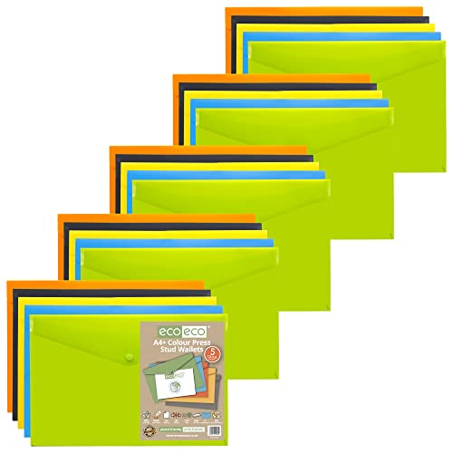 eco-eco A4+ 50% recyklingu, różne kolory, portfel na zatrzaski, plastikowe foldery (opakowanie 25 sztuk), zielony, czarny, niebieski, żółty, pomarańczowy, eco035x25