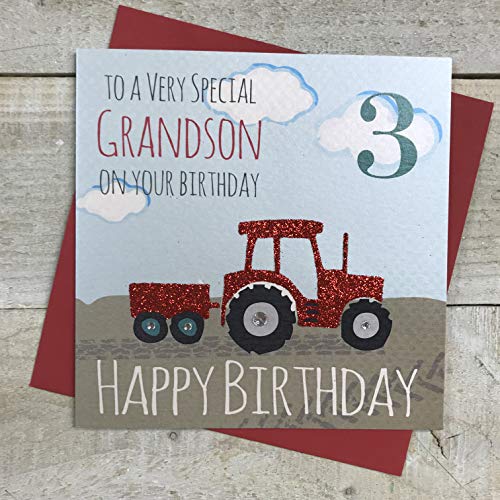 Białe bawełniane kartki 'To A Very Special Grandson On Your Birthday 3 Happy Birthday' ręcznie robione kartki 3. urodziny, GA3-GS