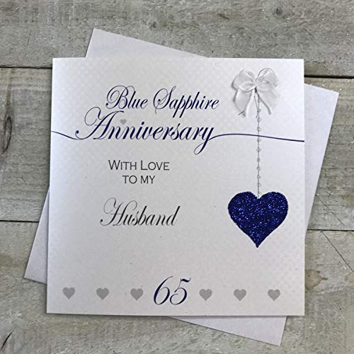 WHITE COTTON CARDS Husband 65. niebieski szafir rocznica ślubu ręcznie wykonana karta - miłość linie - biała bawełna karty LLA65H LLA65H