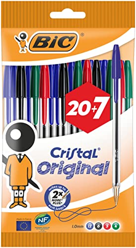 BIC Oryginalne długopisy kulkowe Cristal Medium Point (1,0 mm) – różne kolory, woreczek po 20 + 7 szt