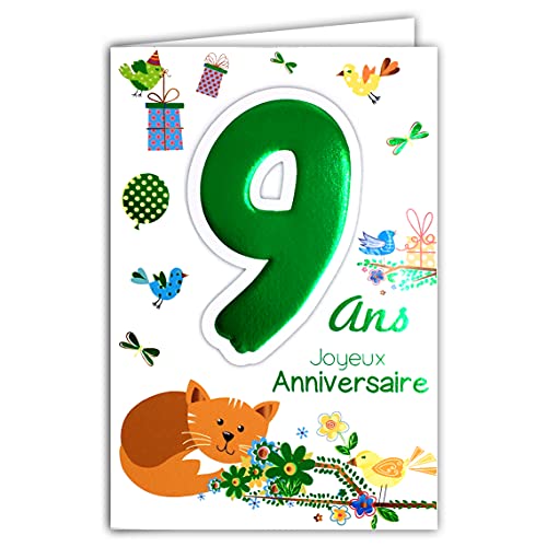 Age Mv Age MV 69  2009 karta Joyeux Anniversaire 9 lat, dla dzieci, chłopców, dziewczynek, z motywem kota i ptaków, prezenty 69-2009