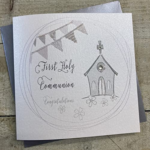 WHITE COTTON CARDS biała bawełniana kartka Pierwszej Komunii Gratulacje Ręcznie wykonana kartka, Srebrna, PD67 PD67