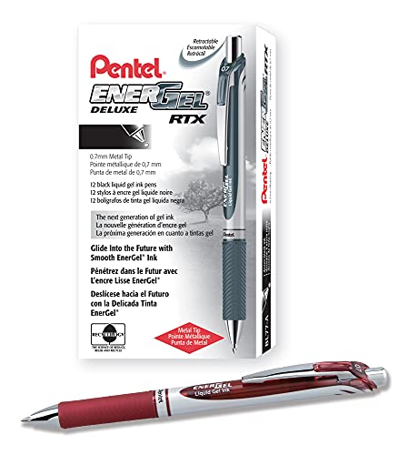 Pentel BL77-BGX EnerGel żelowy długopis atramentowy z mechanizmem naciskowym, średnica kulki 0,7 mm = grubość linii 0,35 mm, do wielokrotnego napełniania, 12 sztuk, burgundowy