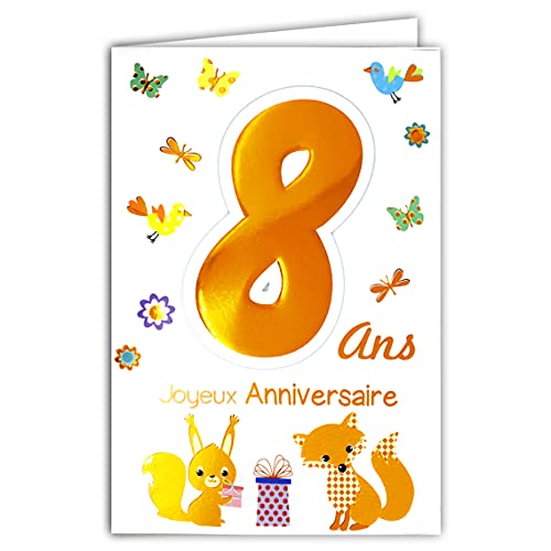 Age Mv Age MV 69  2008 kartka Joyeux Anniversaire 8 lat dzieci chłopcy dziewczynki motyw prezent wiewiórka lis ptaki motyle 69-2008
