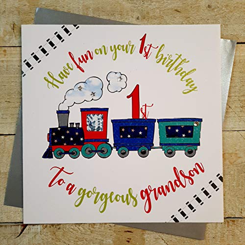 WHITE COTTON CARDS białe bawełniane kartki XR41 duże 'Have fun on your 1st birthday to a wonderful grandson' ręcznie robione kartki XR41