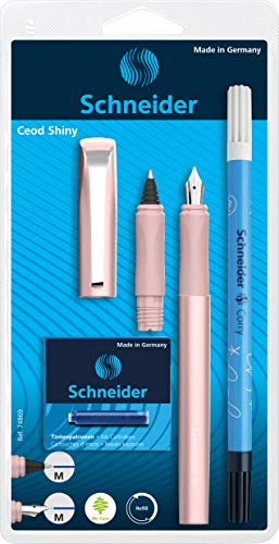 Schneider 74869 Ceod Shiny zestaw do pisania z piórem, długopisem kulkowym, zabójcą atramentu (prawo-i leworęczny, pióro M, w zestawie wkłady atramentowe królewski błękit) Power pink