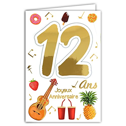 69-2012 kartka z życzeniami na urodziny, 12 lat, dla chłopców i dziewczynek, puchar mistrzów, babeczek, instrumenty muzyczne, piłka nożna