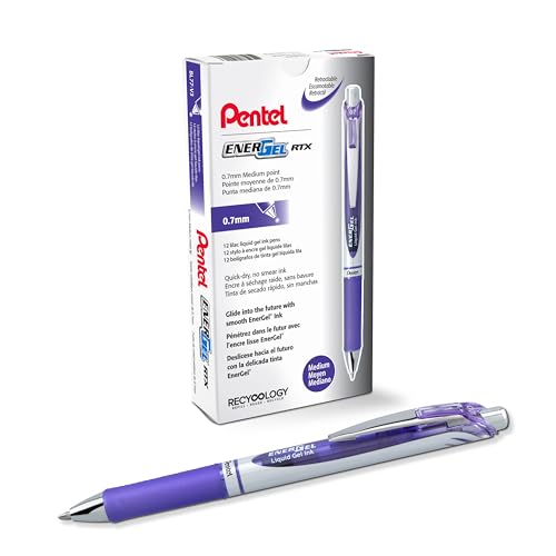 Pentel BL77-V3X EnerGel długopis żelowy z mechanizmem naciskowym, średnica kulki 0,7 mm = grubość kreski 0,35 mm, do wielokrotnego napełniania, 12 sztuk, fioletowy