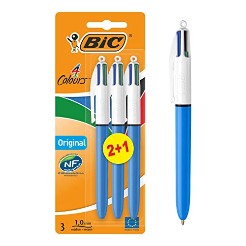 BIC Oryginalne pisaki, 4 kolory, wielokolorowe długopisy All In One, Biro, średnie 1,0 mm, zielony, niebieski, czerwony, czarny, 3 długopisy w opakowaniu, 1 opakowanie